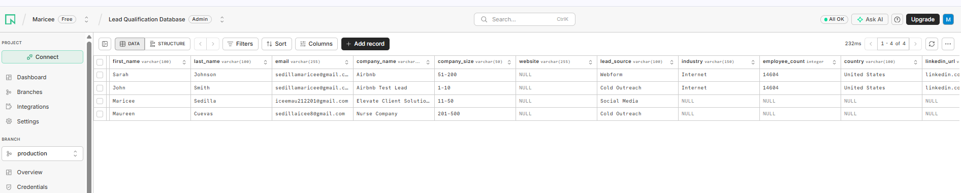 Neon SQL lead database screenshot